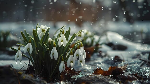 Foto gotas de neve frescas emergem através da neve derretida sinalizando a primavera cena de natureza pacífica com luz suave perfeita para conteúdo relaxado e sereno fotografado em um cenário natural ao ar livre ai