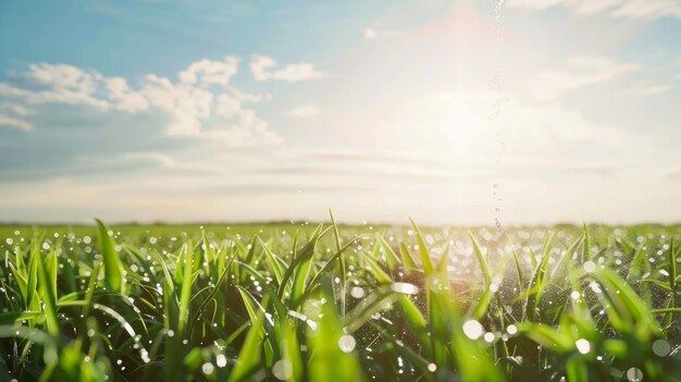 Gotas de orvalho brilhantes brilham na grama verde vibrante ao nascer do sol