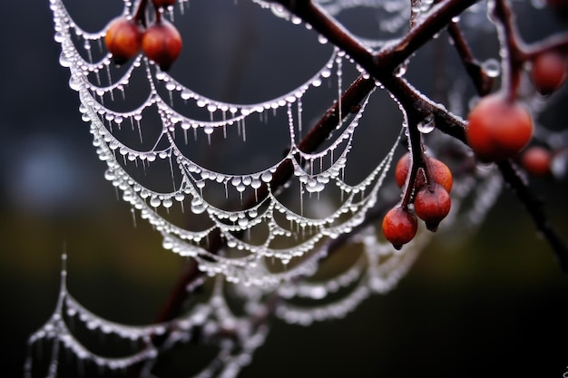 Gotas de orvalho brilhantes em uma teia de aranha gelada criada com IA generativa