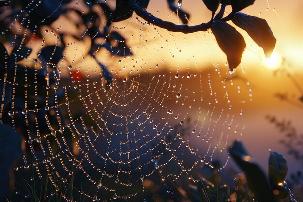 Foto gotas de orvalho brilhantes numa teia de aranha ao amanhecer