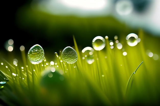 Gotas de orvalho da água nas folhas de grama Umidade matinal no gramado Chuva de verão