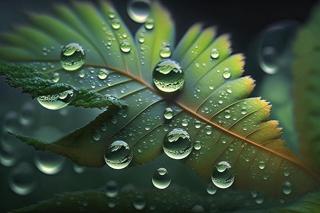 Gotas de orvalho nas folhas refletem o broto