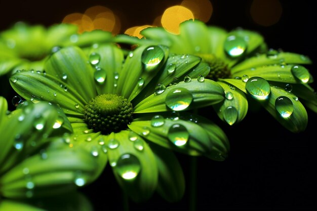 Gotas de orvalho verdes brilhantes adornam pétalas de margaridas