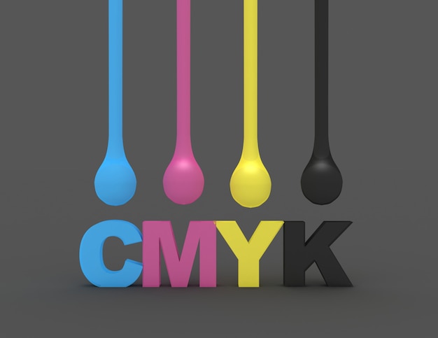 Foto gotas de tinta 3d cmyk isoladas em cinza e palavra cmyk