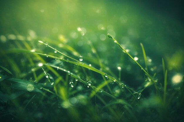 gotas de hierba y agua de día lluvioso bokeh primer plano ai generativo