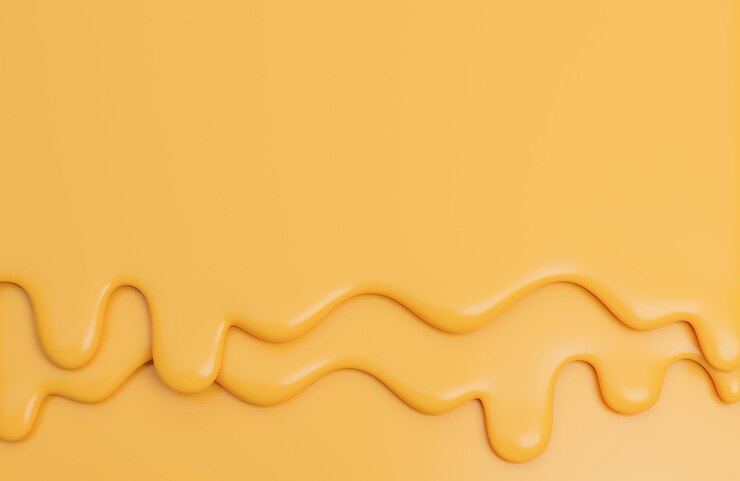 Gotas de líquido cremoso de queso, queso derretido sobre fondo amarillo, modelo 3d e ilustración.