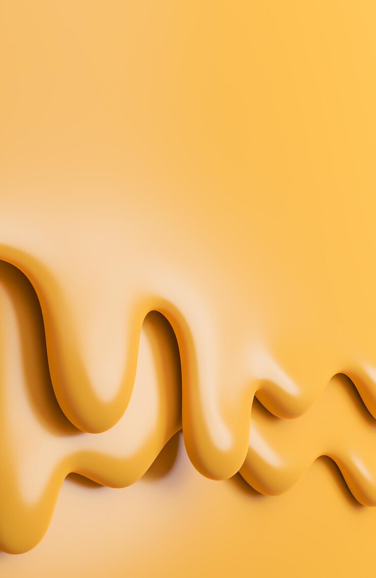 Gotas de líquido cremoso de queso, queso derretido sobre fondo amarillo, modelo 3d e ilustración.