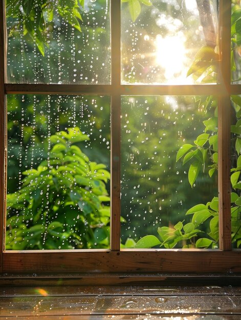 Las gotas de lluvia brillantes se aferran a una ventana clara más allá de la cual se encuentra un vibrante paisaje verde tocado por un rayo de sol que crea una vista refrescante