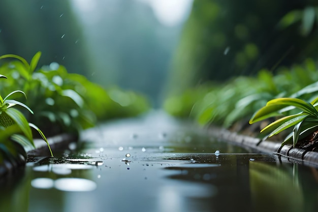 Unas gotas de lluvia caen sobre un arroyo.