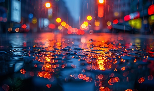 Las gotas de lluvia en la carretera con la colorida luz bokeh