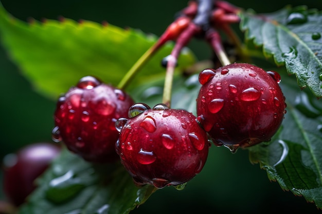 Gotas de lluvia en un cerezo con una hoja verde