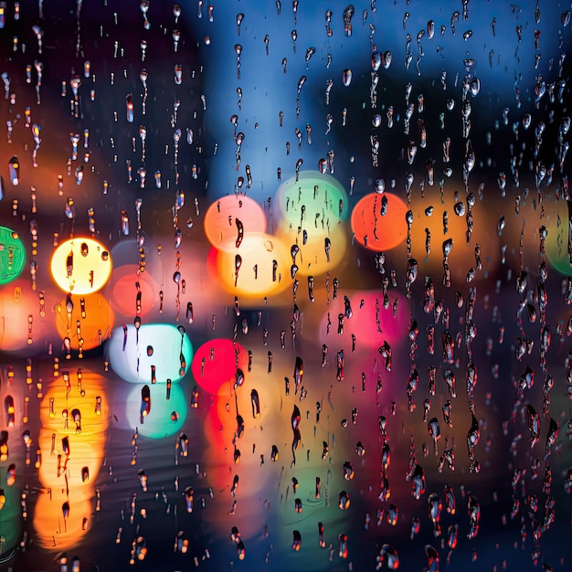 gotas de lluvia en una ciudad de cristal de ventana y tráfico