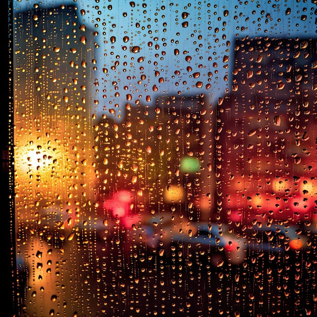 gotas de lluvia en una ciudad de cristal de ventana y tráfico