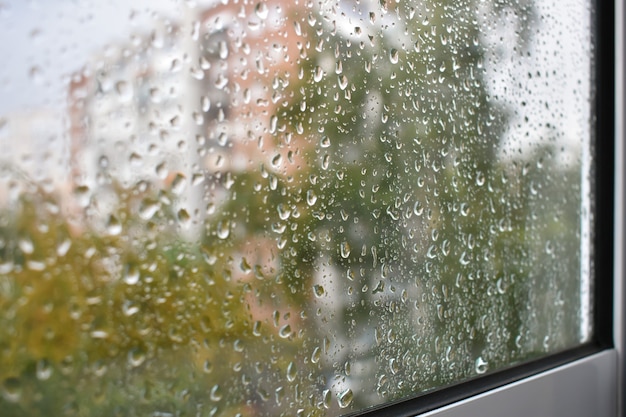 Gotas de lluvia en el cristal de la ventana. Otoño nublado a través del vidrio. Paisaje otoñal borroso.