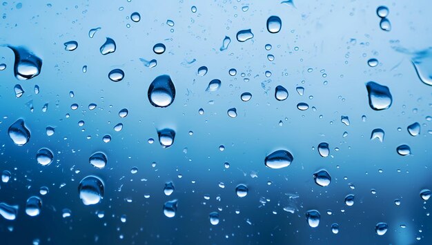 Gotas de lluvia de fondo azul en un vaso de lluvia