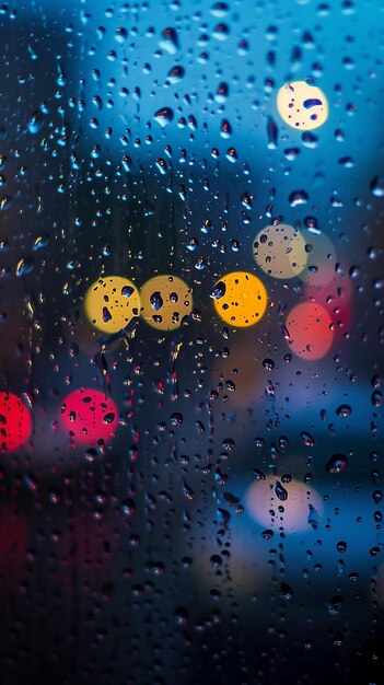 Las gotas de lluvia en el fondo de vidrio azul de la calle de la ciudad