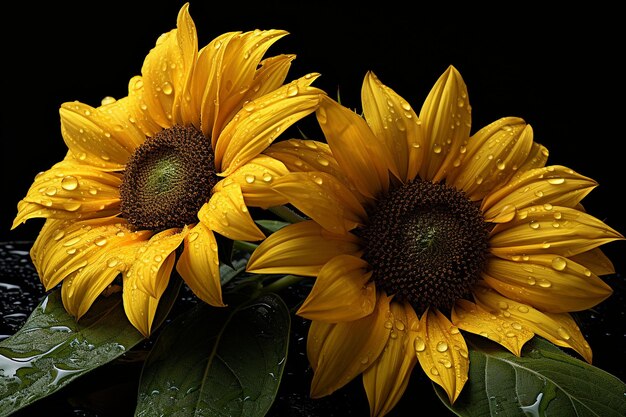 Las gotas de lluvia en los girasoles refrescan la belleza