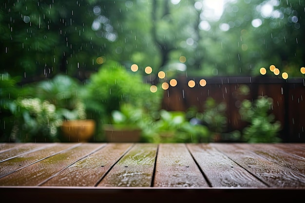 Las gotas de lluvia golpean el fondo del jardín de la mesa