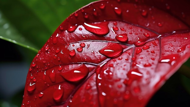 Gotas de lluvia en la hoja de flor de pascua