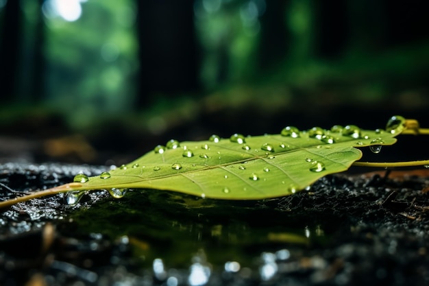 gotas de lluvia en una hoja con hojas verdes en el estilo de un motor irreal 5 trópicos enigmáticos