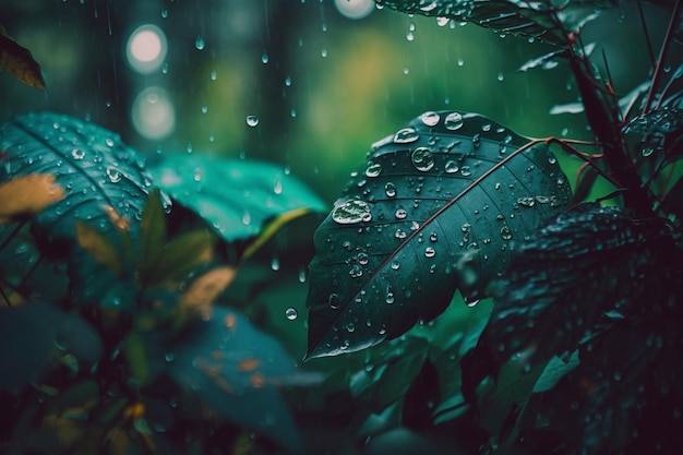 Gotas de lluvia en una hoja bajo la lluvia