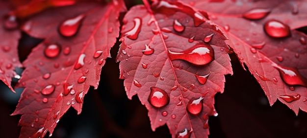 gotas de lluvia en hojas de arce rojo vibrante AI Generativo