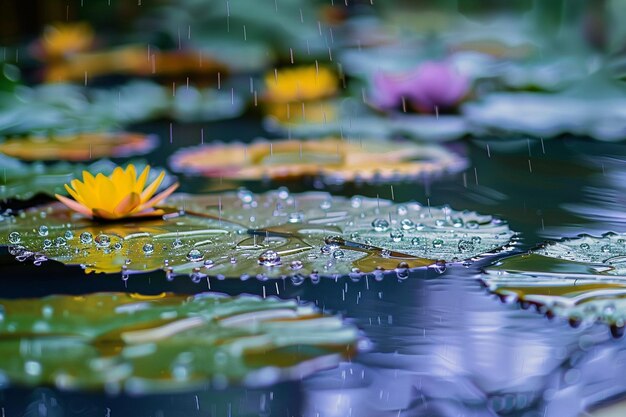 las gotas de lluvia y los lirios de agua se reflejan en un estanque