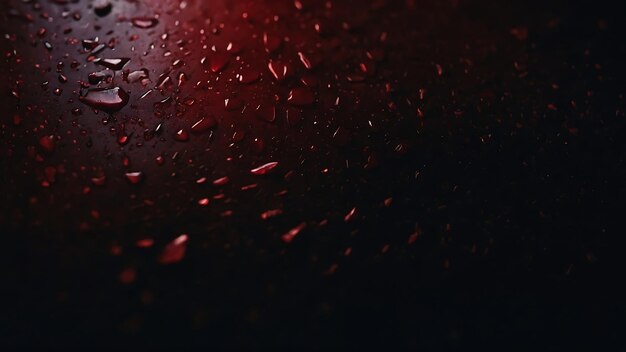 gotas de lluvia en una mesa negra con una luz roja detrás de ella