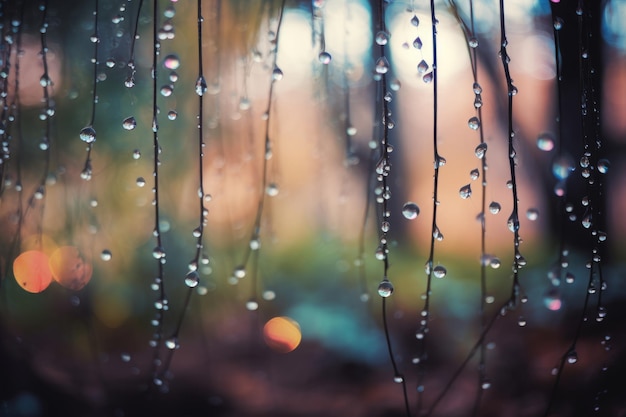 Gotas de lluvia de naturaleza serena en ramas de árboles borrosas IA generativa