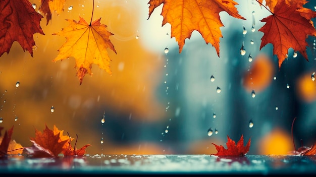 Gotas de lluvia de otoño y hojas en la ventana AI generativa Naturaleza