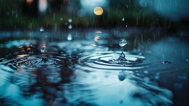 Las gotas de lluvia que caen en la superficie de un charco creando una serie de círculos concéntricos