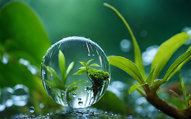 Foto gotas de lluvia de la selva con burbujas místicas en macro