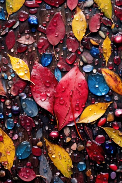 Gotas de lluvia sobre coloridas hojas caídas en el suelo creadas con ai generativo