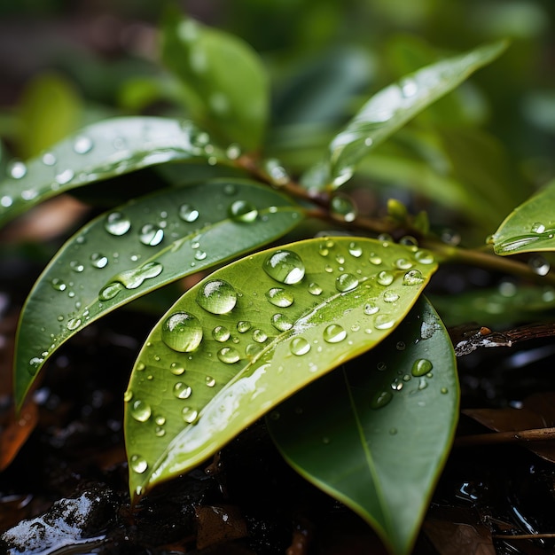 gotas de lluvia sobre una hoja verde con gotas de agua.