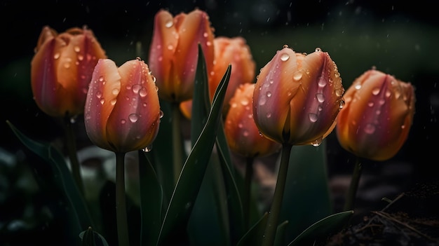 Gotas de lluvia sobre los tulipanes en el jardín