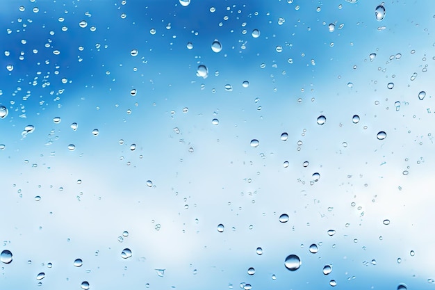 Gotas de lluvia sobre un vaso con un hermoso cielo en azul y blanco