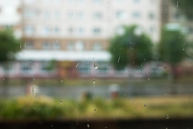 Gotas de lluvia sobre vidrio en un fondo de calle verde