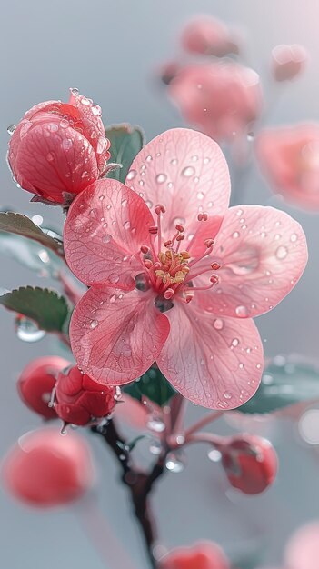 Las gotas de lluvia en las suaves flores rosadas de cerca