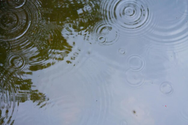 Gotas de lluvia en la superficie del agua en un charco con sombra graduada y reflejo del cielo azul