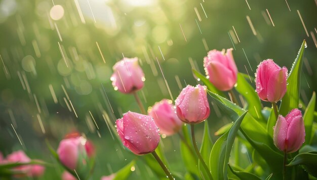 Gotas de lluvia en los tulipanes en un jardín iluminado por el sol