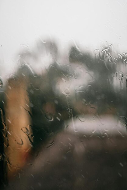 Foto gotas de lluvia en una ventana con árboles en el fondo