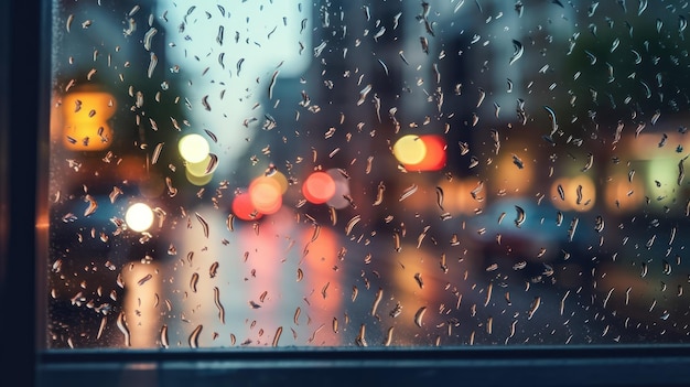 Gotas de lluvia en la ventana de un auto con un fondo borroso