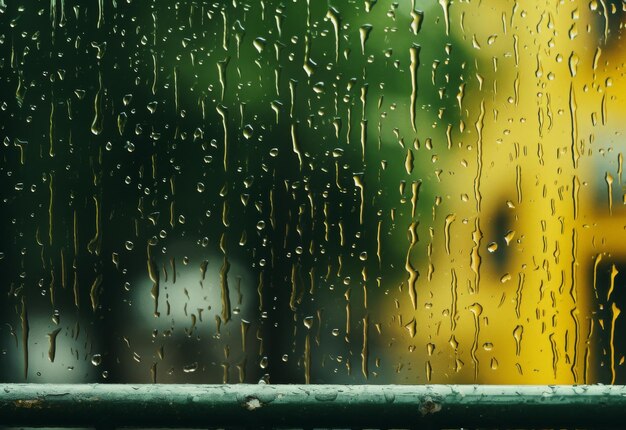 Las gotas de lluvia en la ventana con el autobús escolar