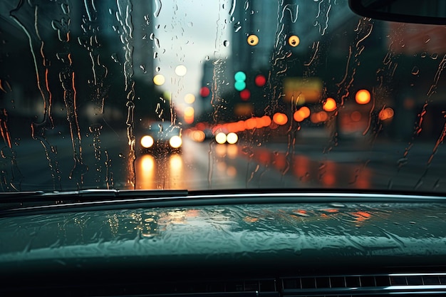 Gotas de lluvia en la ventana del coche ciudad en el fondo bokeh IA generativa