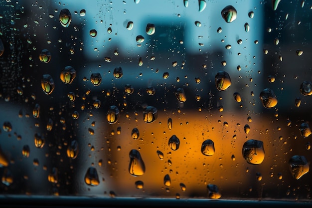 Gotas de lluvia en una ventana con un edificio al fondo