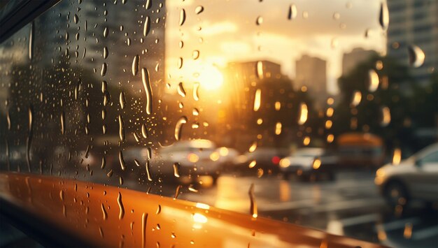 Gotas de lluvia en la ventana con fondo borroso de la ciudad y el tráfico