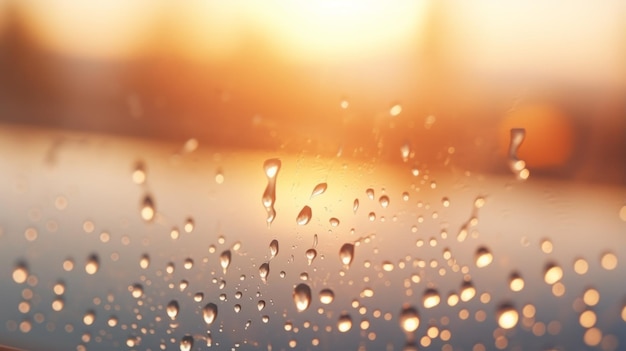 Gotas de lluvia en una ventana con un fondo iluminado por el sol