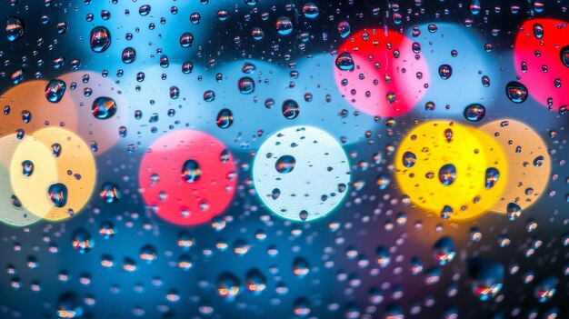 Gotas de lluvia en la ventana con luces borrosas de la ciudad en el fondo