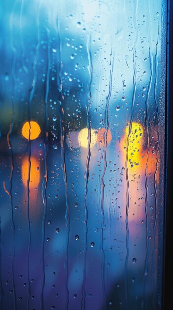 Gotas de lluvia en la ventana con luces borrosas de la ciudad en el fondo