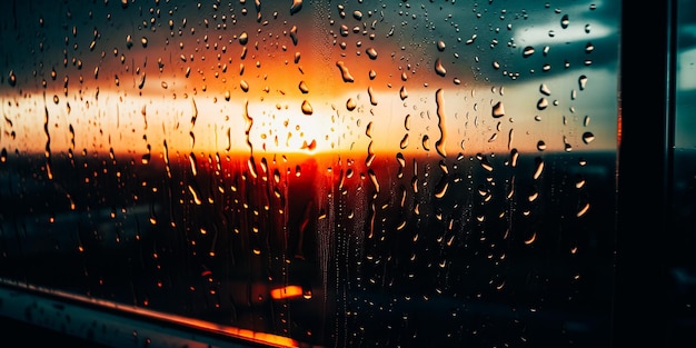 Gotas de lluvia en una ventana con una puesta de sol de fondo